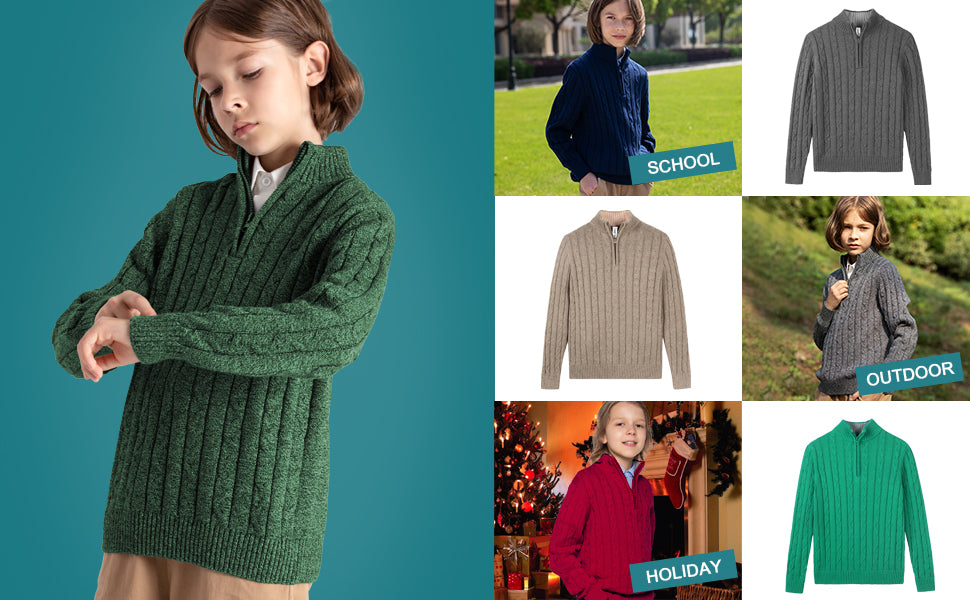 Kid Nation Boys Sweater 100% Cotton Quarter Zip Sweater Kids Cable Knit Casual Pullover (Previously Amazon Essentials)
