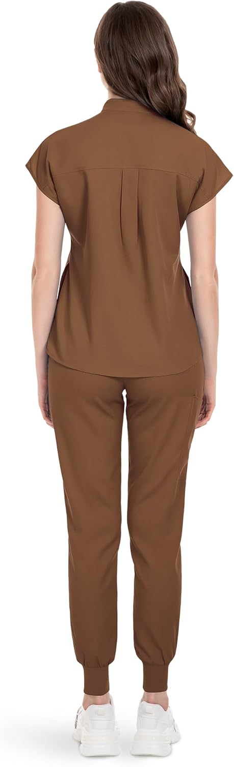 Scrubs Set for Women Nurse Uniform Jogger Suit Stretch Top & Pants with Multi Pocket for Nurse Esthetician Workwear