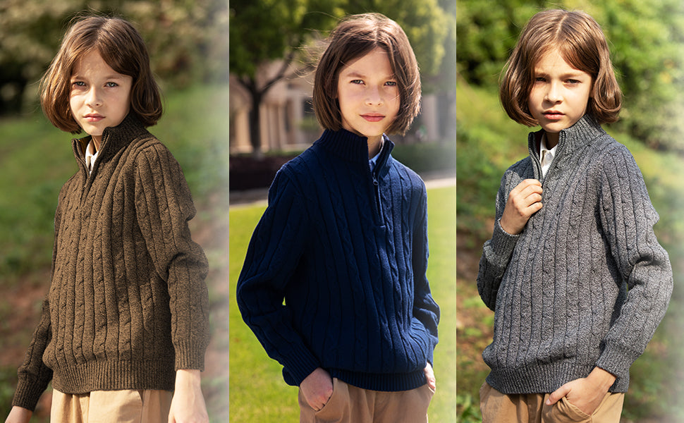 Kid Nation Boys Sweater 100% Cotton Quarter Zip Sweater Kids Cable Knit Casual Pullover (Previously Amazon Essentials)