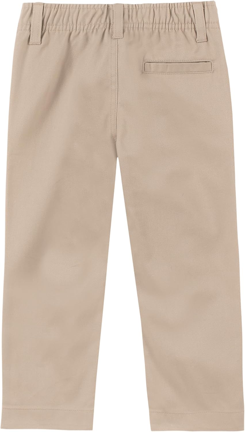 Boys School Uniform Twill Khaki Pants, Flat Front & Elasticized Waistband, Zipper Closure With Faux Button