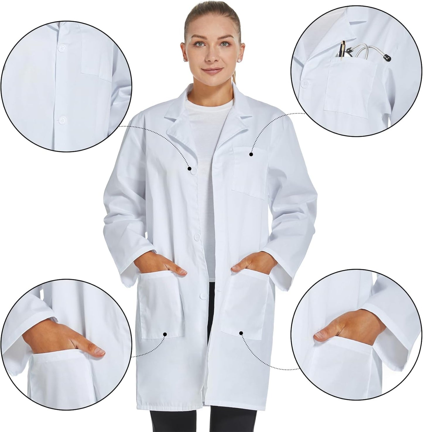 Professional Lab Coat for Women Long Sleeve, White, Unisex