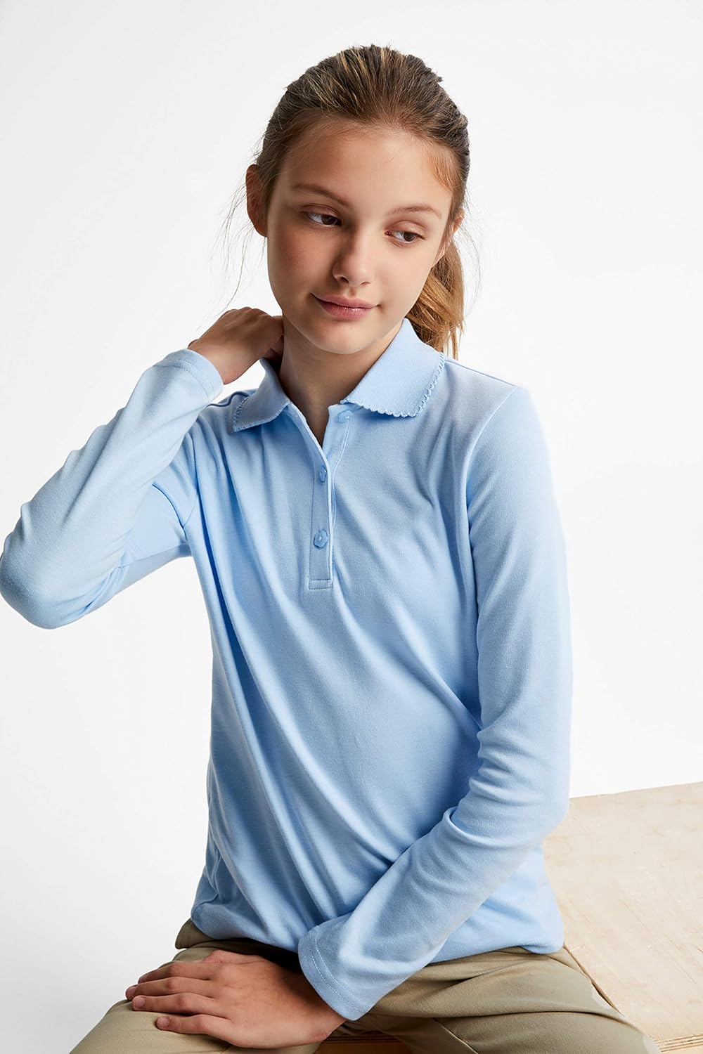 Girls' Uniform Long Sleeve Polo with Picot Collar (Standard & Plus)