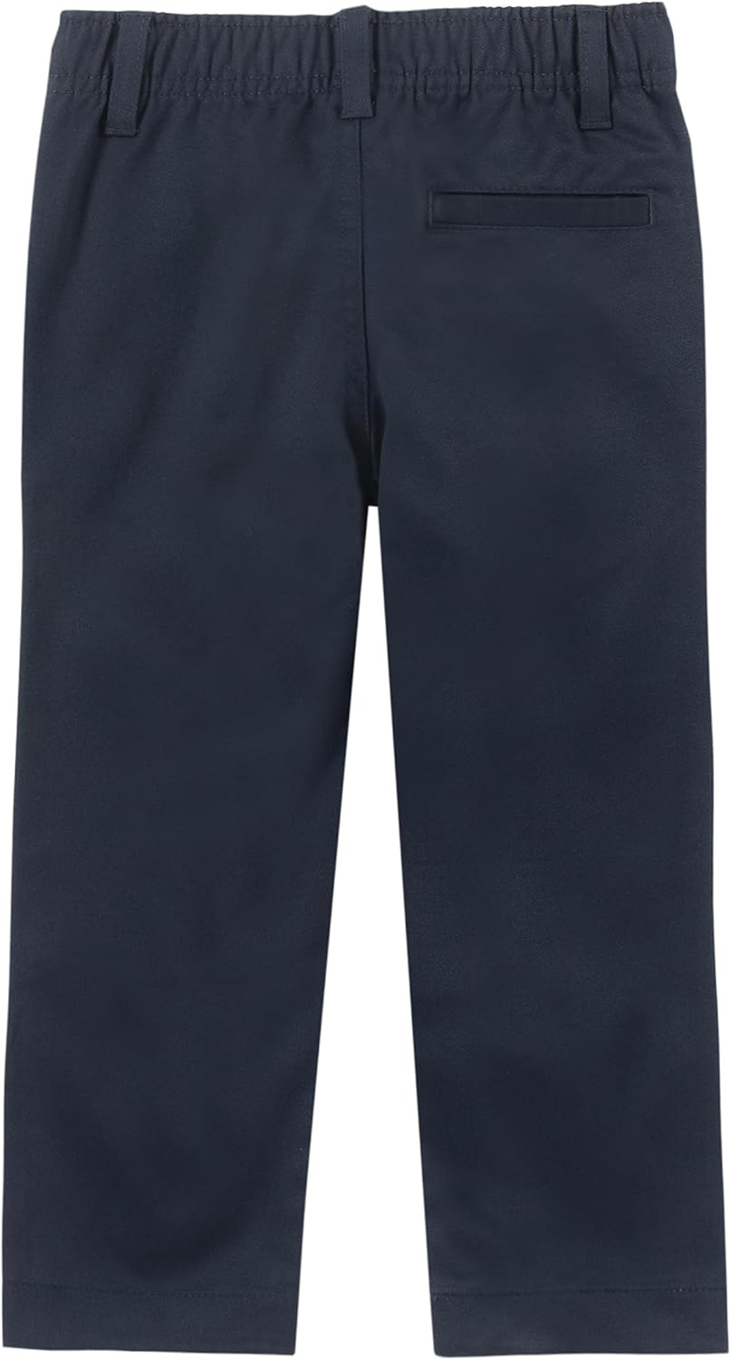 Boys School Uniform Twill Khaki Pants, Flat Front & Elasticized Waistband, Zipper Closure With Faux Button