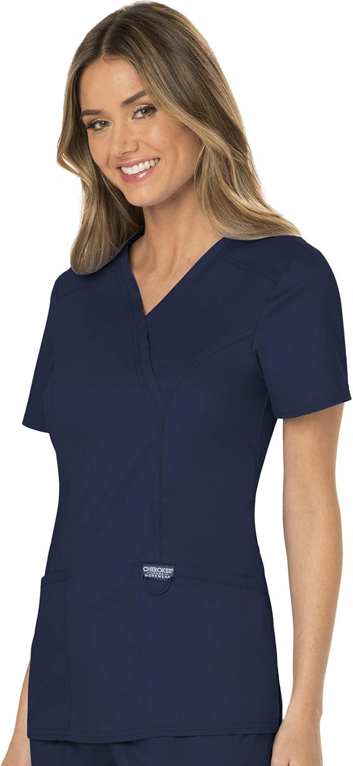 Scrubs for Women Mock Wrap Top with 3 Pocket, Back Princess Seams WW610