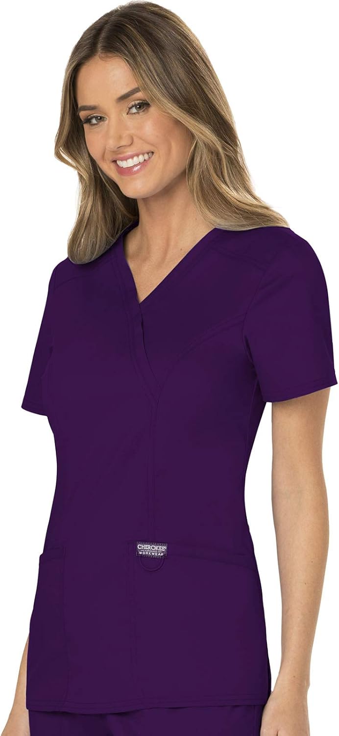 Scrubs for Women Mock Wrap Top with 3 Pocket, Back Princess Seams WW610