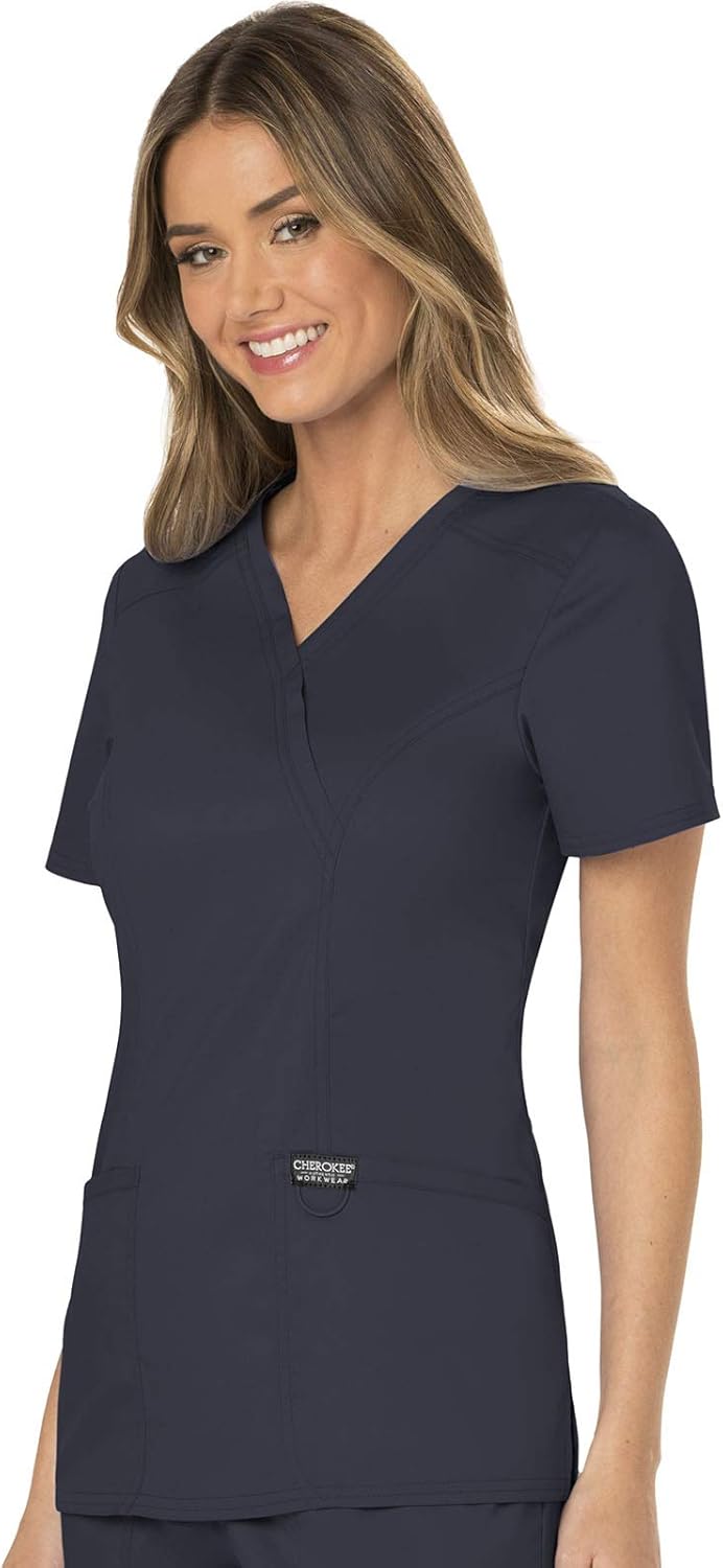 Scrubs for Women Mock Wrap Top with 3 Pocket, Back Princess Seams WW610