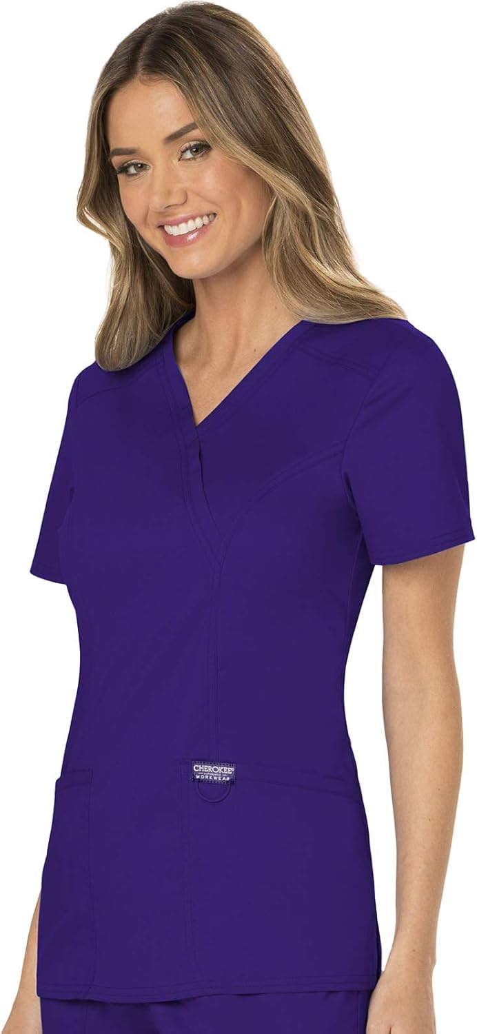 Scrubs for Women Mock Wrap Top with 3 Pocket, Back Princess Seams WW610