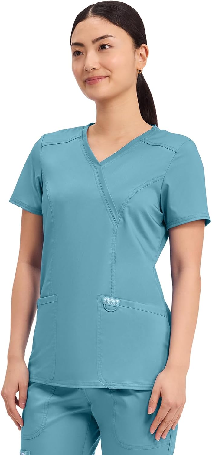 Scrubs for Women Mock Wrap Top with 3 Pocket, Back Princess Seams WW610