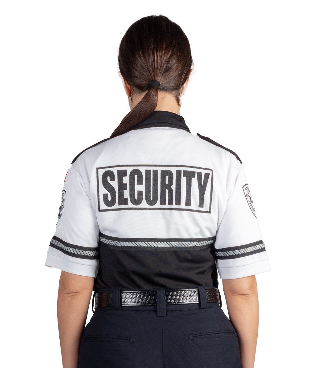 Security Badge and Patch Two Tone Bike Patrol Polo Shirt with Zipper Pocket and Reflective Hash Stripes