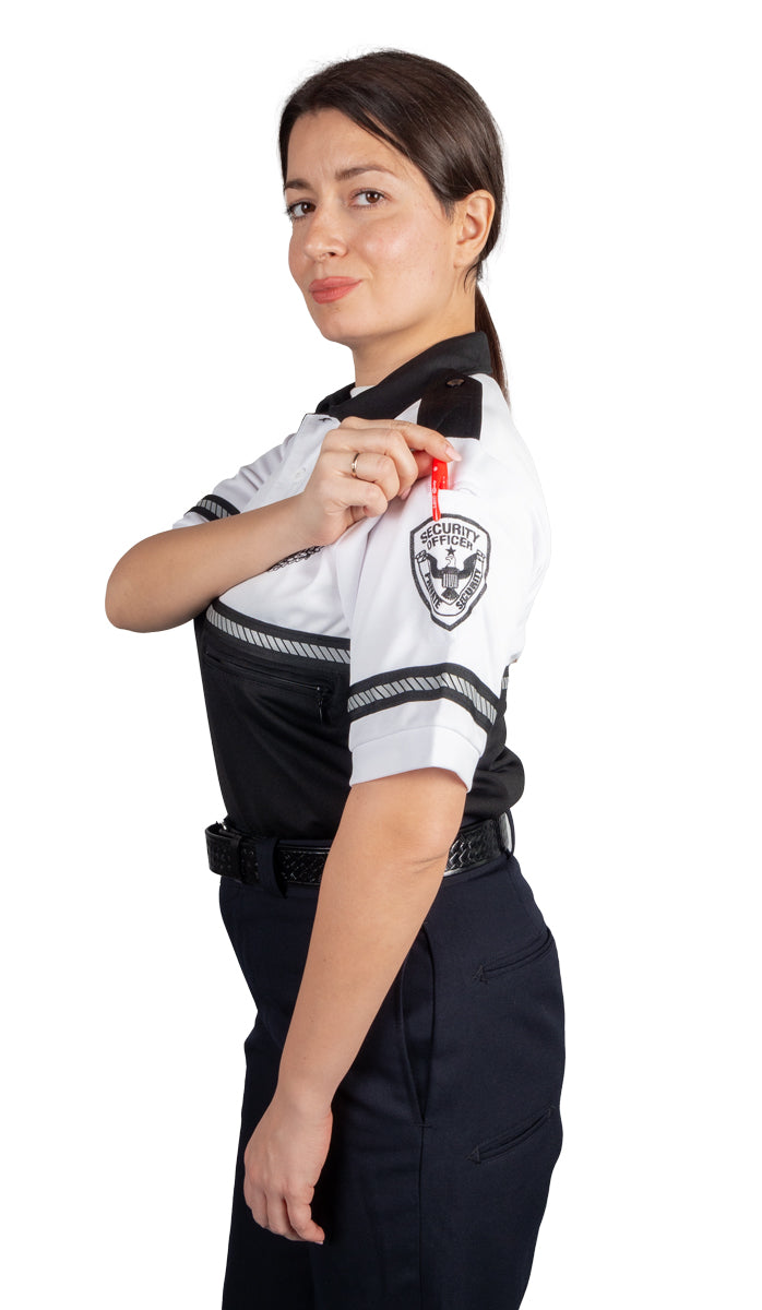Security Badge and Patch Two Tone Bike Patrol Polo Shirt with Zipper Pocket and Reflective Hash Stripes