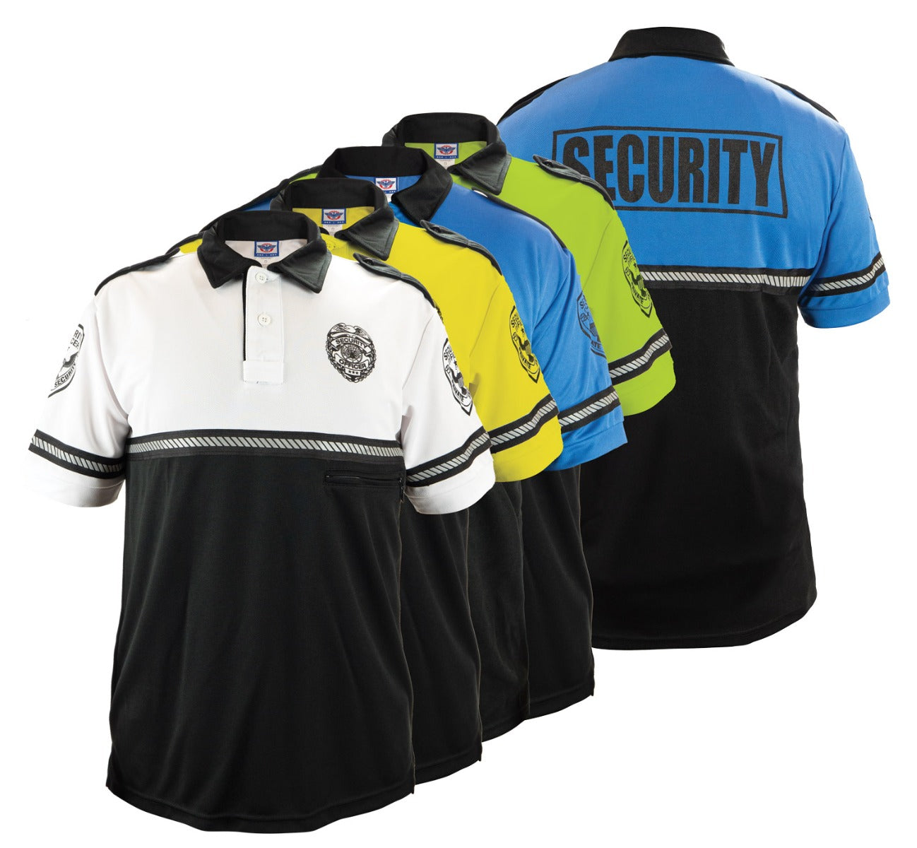Security Badge and Patch Two Tone Bike Patrol Polo Shirt with Zipper Pocket and Reflective Hash Stripes