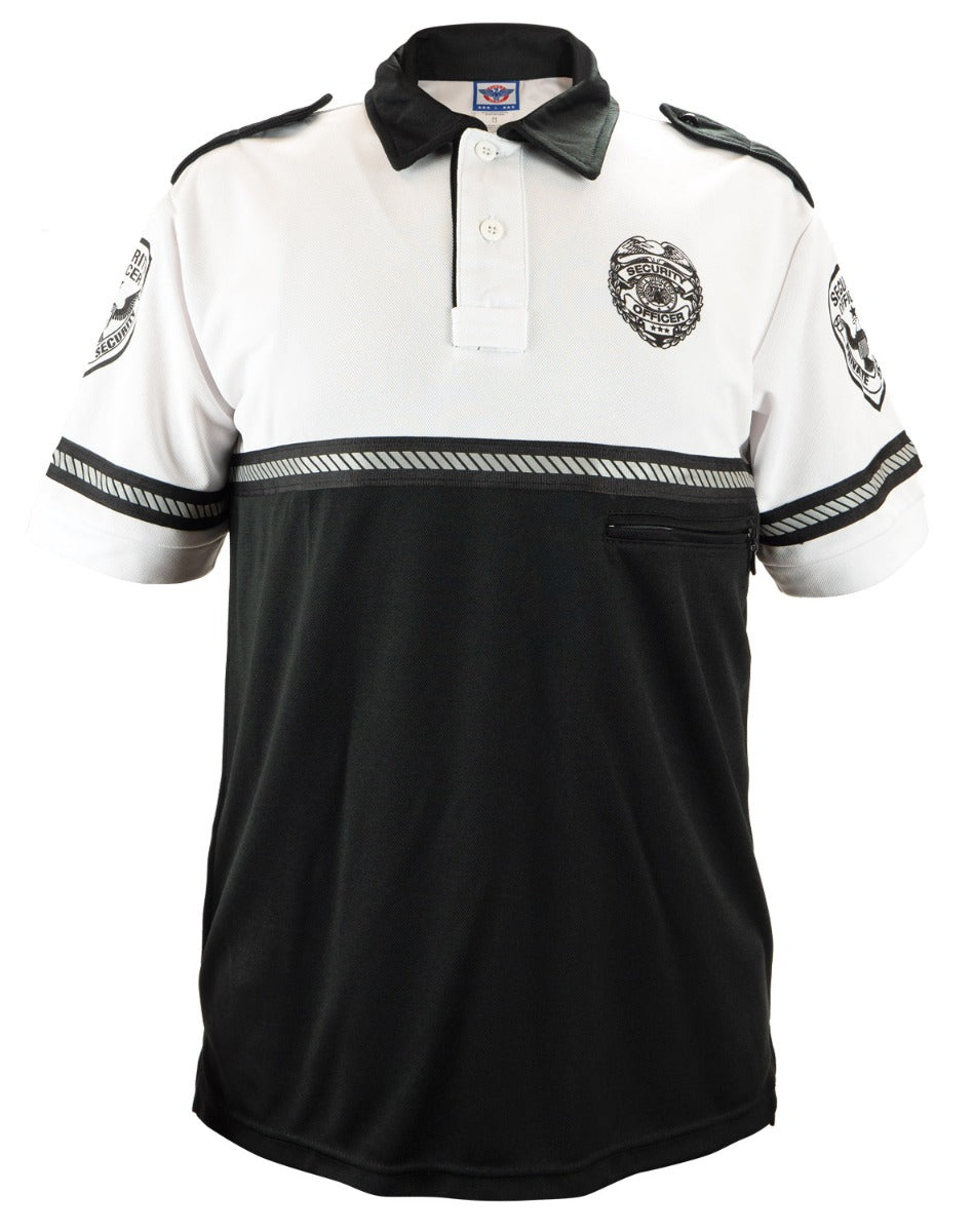 Security Badge and Patch Two Tone Bike Patrol Polo Shirt with Zipper Pocket and Reflective Hash Stripes