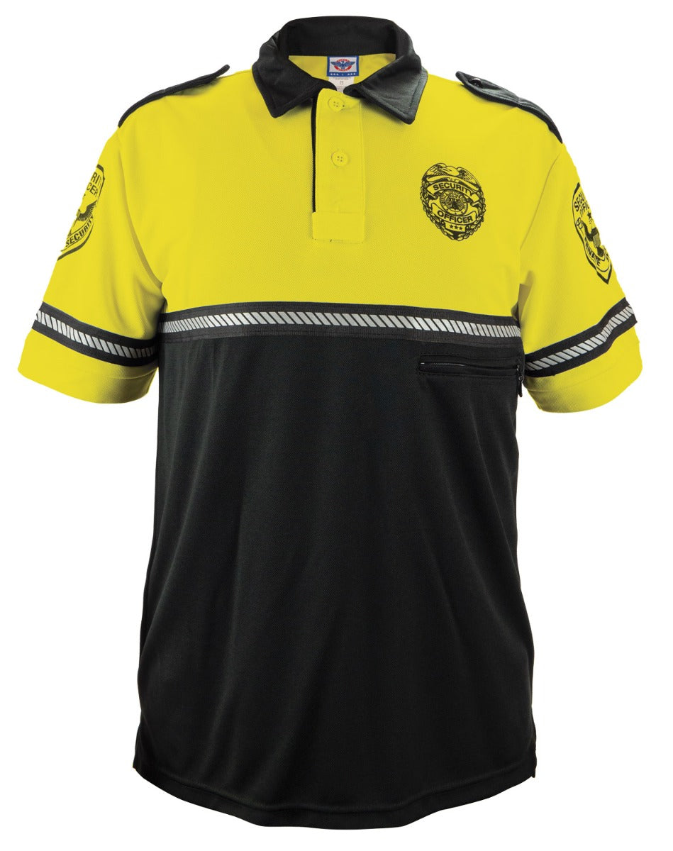 Security Badge and Patch Two Tone Bike Patrol Polo Shirt with Zipper Pocket and Reflective Hash Stripes