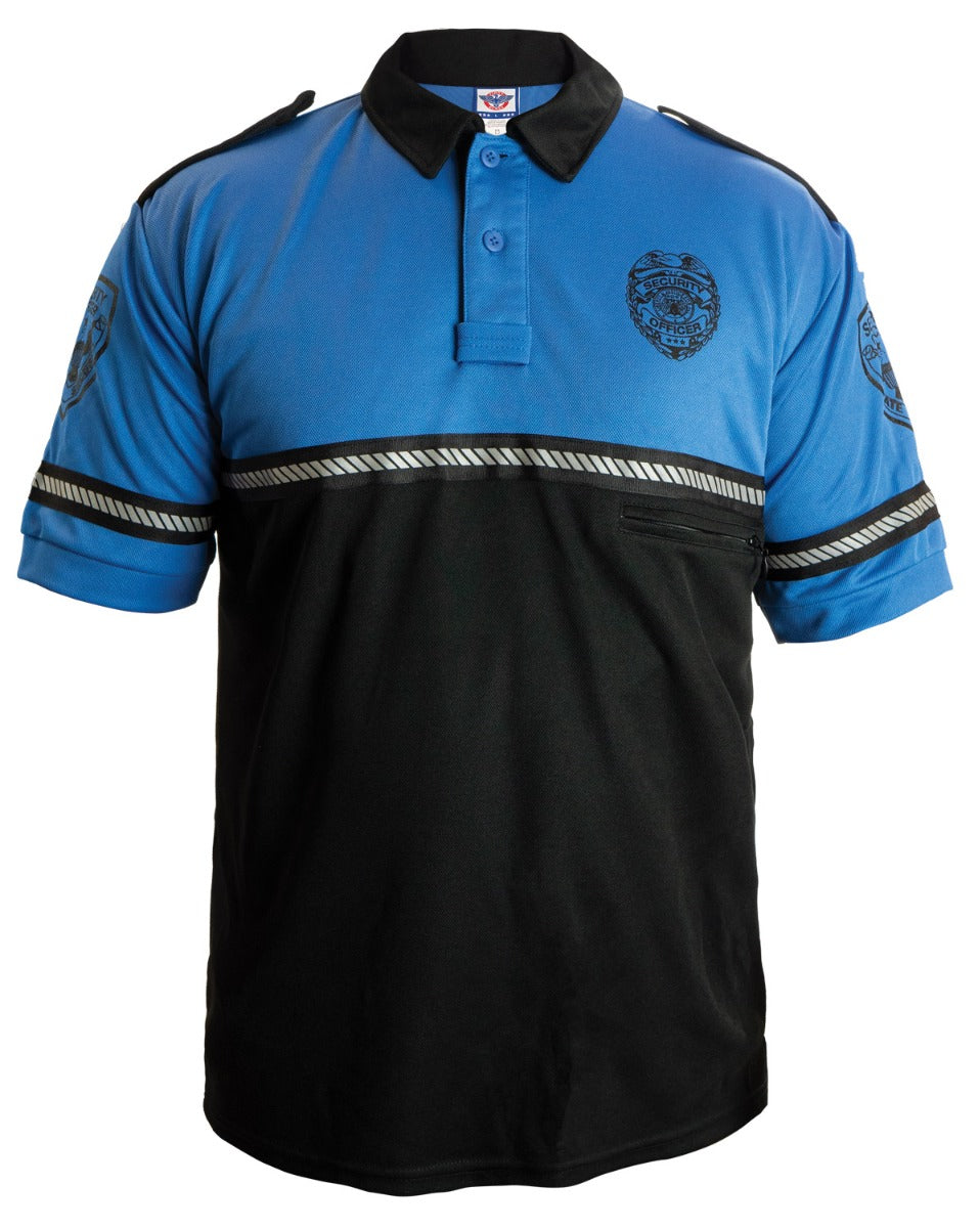 Security Badge and Patch Two Tone Bike Patrol Polo Shirt with Zipper Pocket and Reflective Hash Stripes