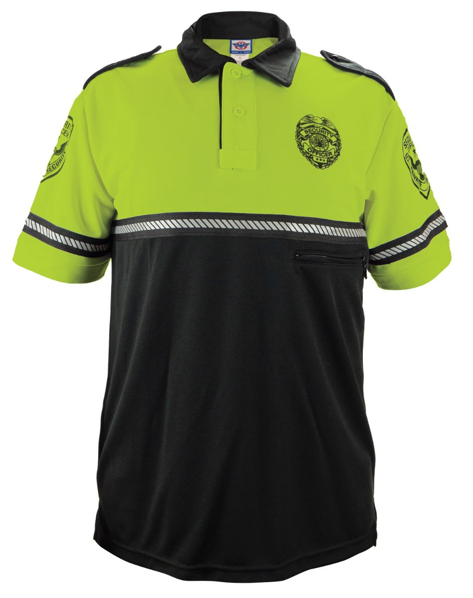 Security Badge and Patch Two Tone Bike Patrol Polo Shirt with Zipper Pocket and Reflective Hash Stripes