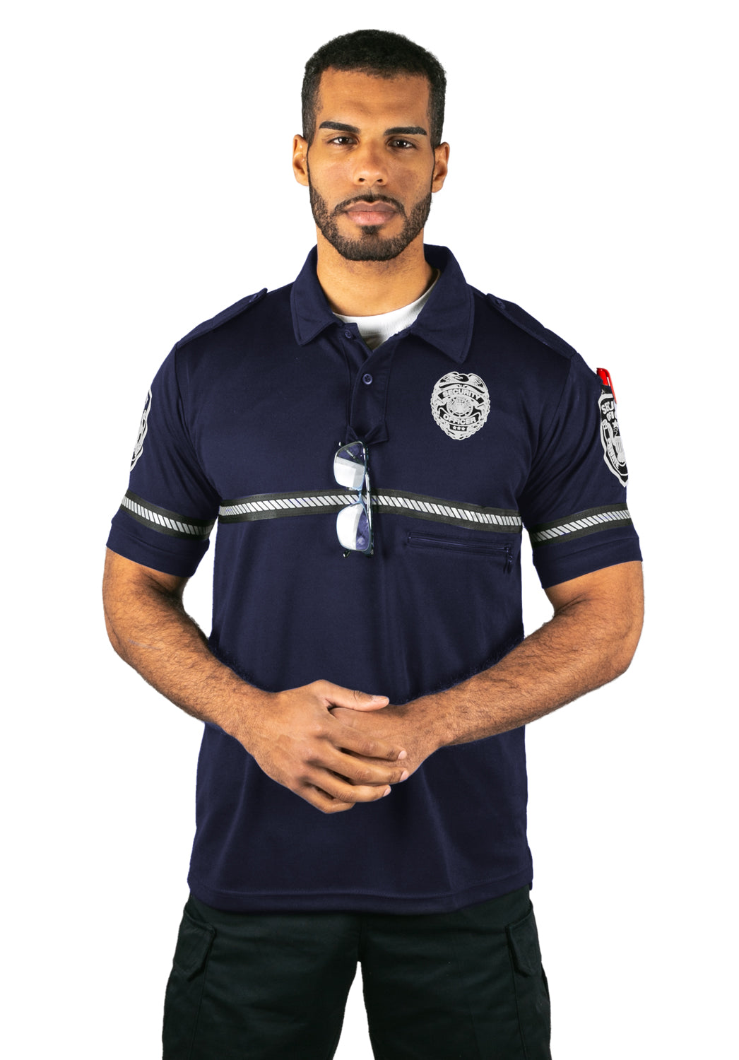 Security Badge and Patch Bike Patrol Polo Shirt with Zipper Pocket and Reflective Hash Stripes