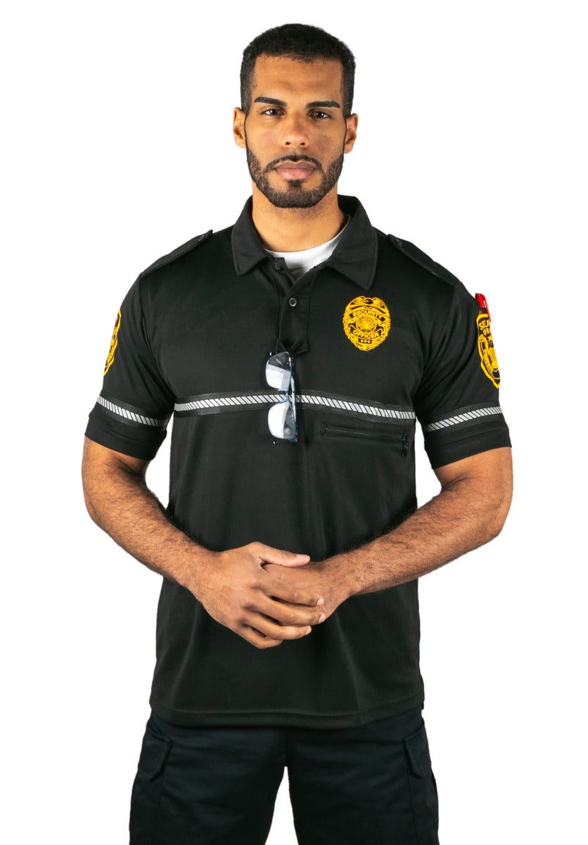 Security Badge and Patch Bike Patrol Polo Shirt with Zipper Pocket and Reflective Hash Stripes