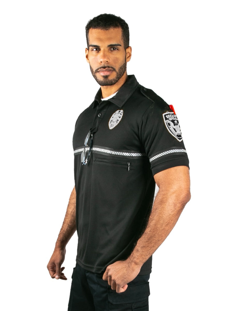Security Badge and Patch Bike Patrol Polo Shirt with Zipper Pocket and Reflective Hash Stripes