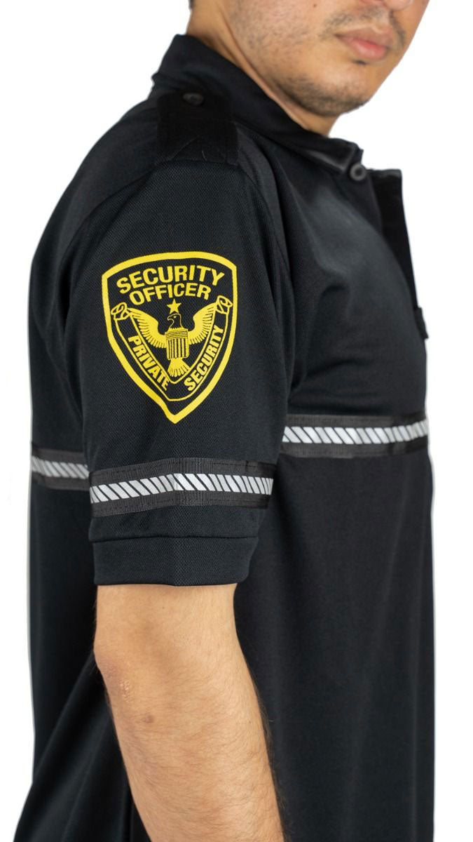 Security Badge and Patch Bike Patrol Polo Shirt with Zipper Pocket and Reflective Hash Stripes
