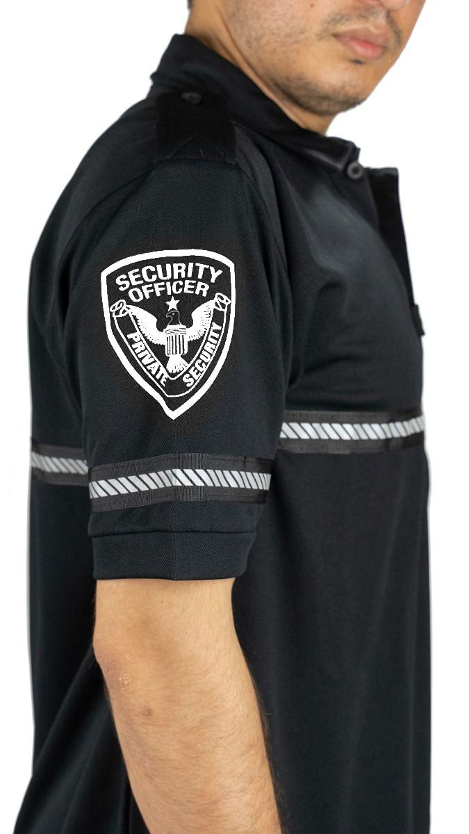Security Badge and Patch Bike Patrol Polo Shirt with Zipper Pocket and Reflective Hash Stripes