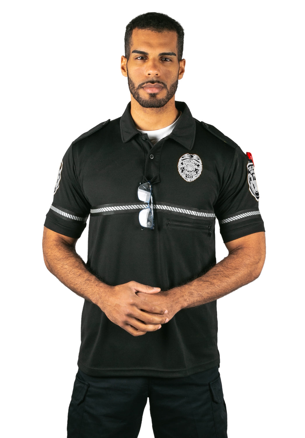 Security Badge and Patch Bike Patrol Polo Shirt with Zipper Pocket and Reflective Hash Stripes