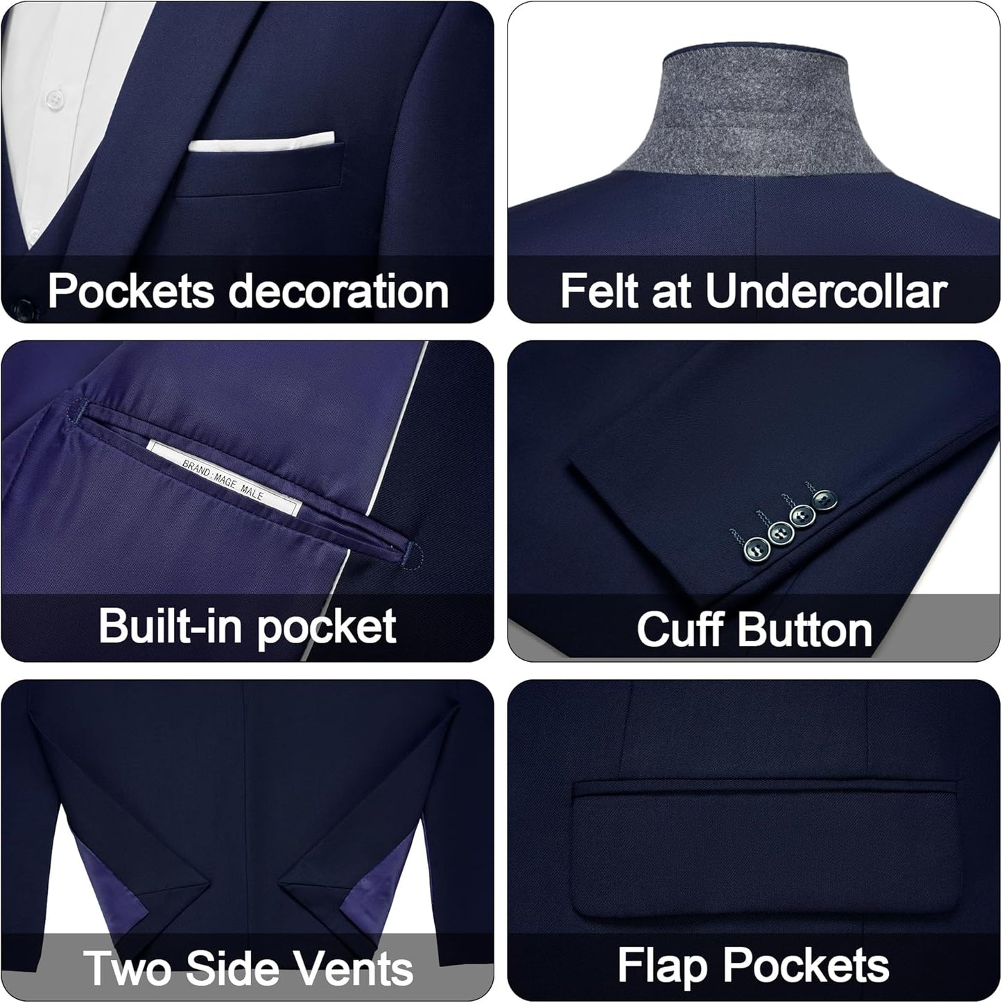 MAGE MALE Men's 3 Pieces Suit Elegant Solid One Button Slim Fit Single Breasted Party Blazer Vest Pants Set