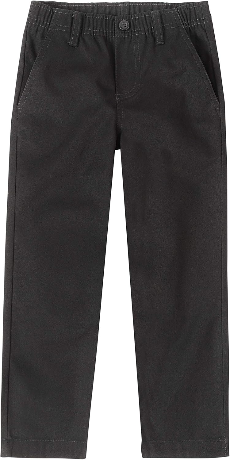 Boys School Uniform Twill Khaki Pants, Flat Front & Elasticized Waistband, Zipper Closure With Faux Button
