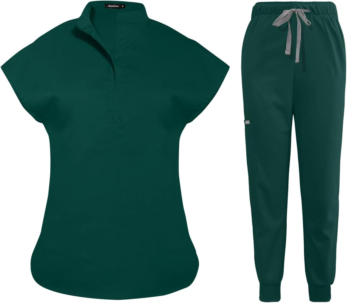Scrubs Set for Women Nurse Uniform Jogger Suit Stretch Top & Pants with Multi Pocket for Nurse Esthetician Workwear