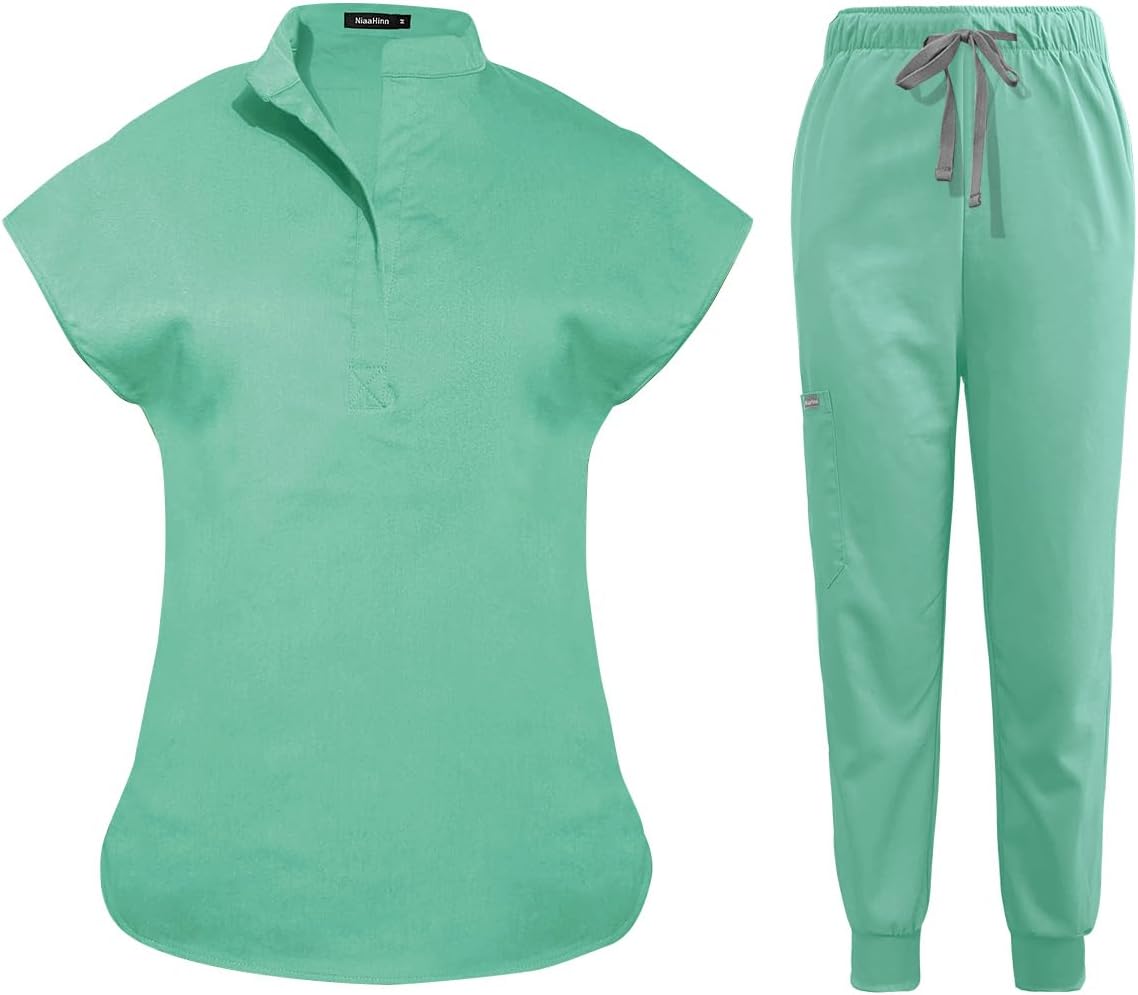 Scrubs Set for Women Nurse Uniform Jogger Suit Stretch Top & Pants with Multi Pocket for Nurse Esthetician Workwear
