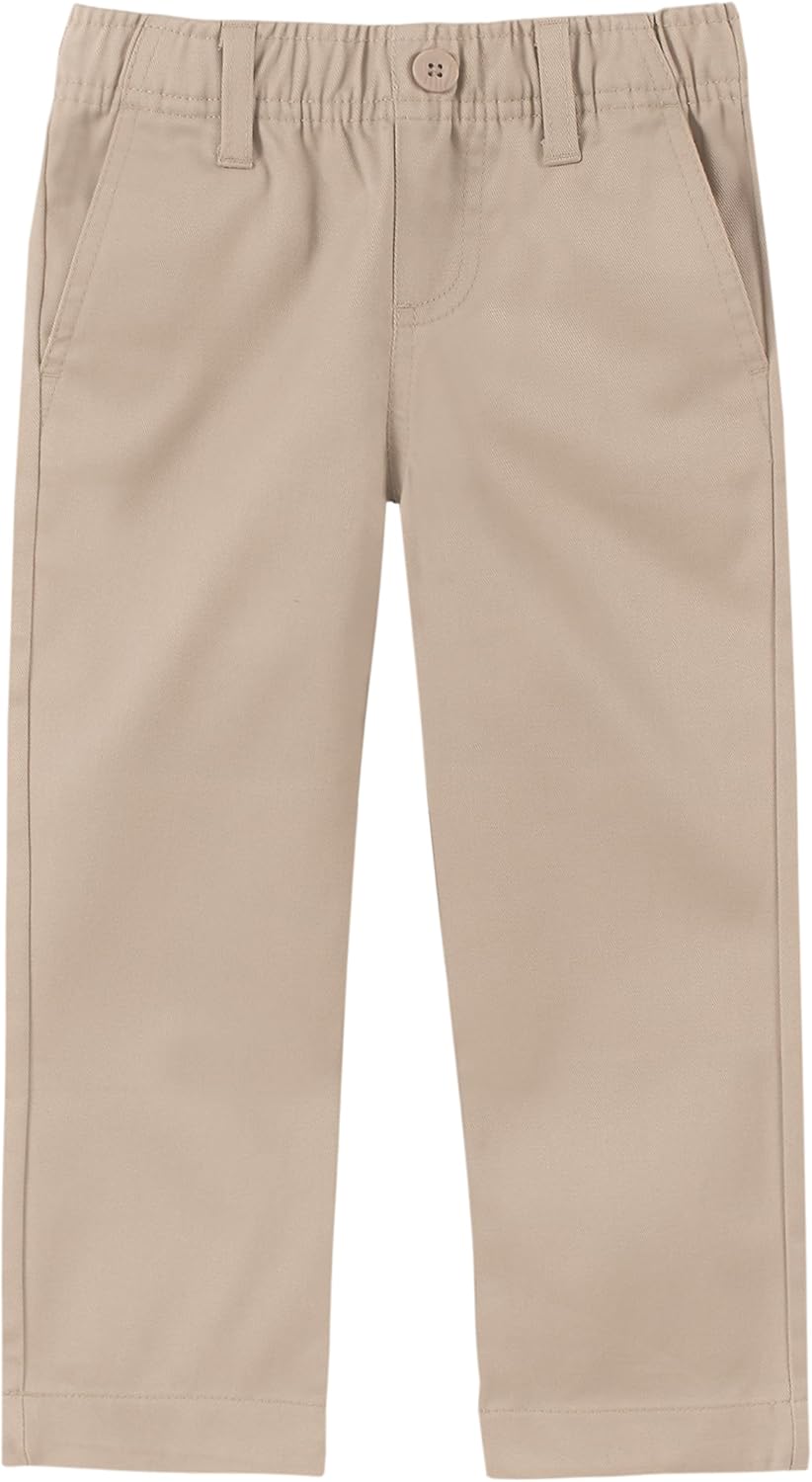 Boys School Uniform Twill Khaki Pants, Flat Front & Elasticized Waistband, Zipper Closure With Faux Button