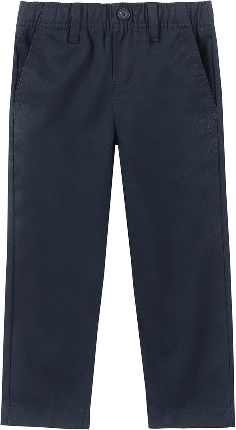 Boys School Uniform Twill Khaki Pants, Flat Front & Elasticized Waistband, Zipper Closure With Faux Button