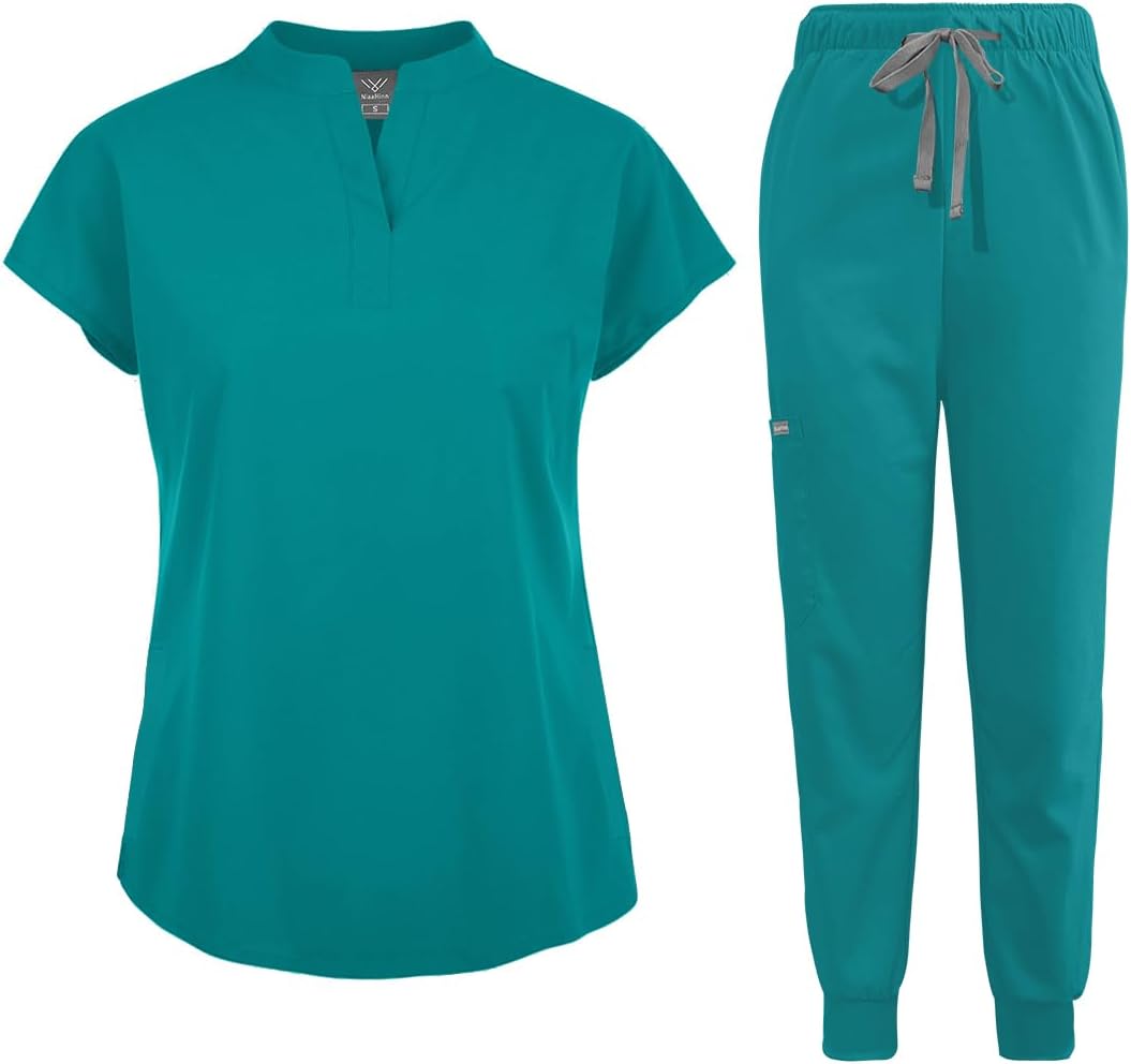 Scrubs Set for Women Nurse Uniform Jogger Suit Stretch Top & Pants with Multi Pocket for Nurse Esthetician Workwear