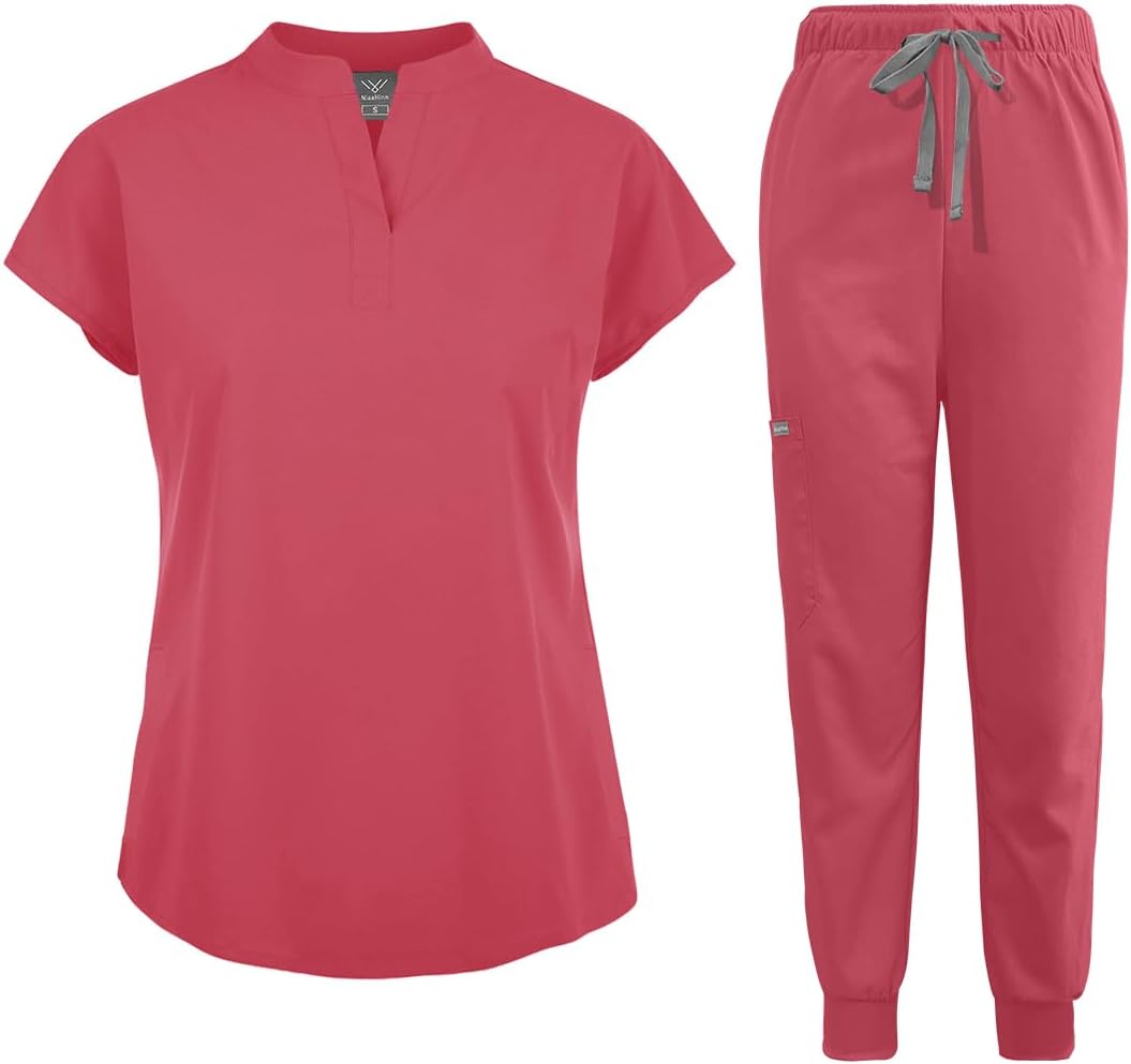 Scrubs Set for Women Nurse Uniform Jogger Suit Stretch Top & Pants with Multi Pocket for Nurse Esthetician Workwear