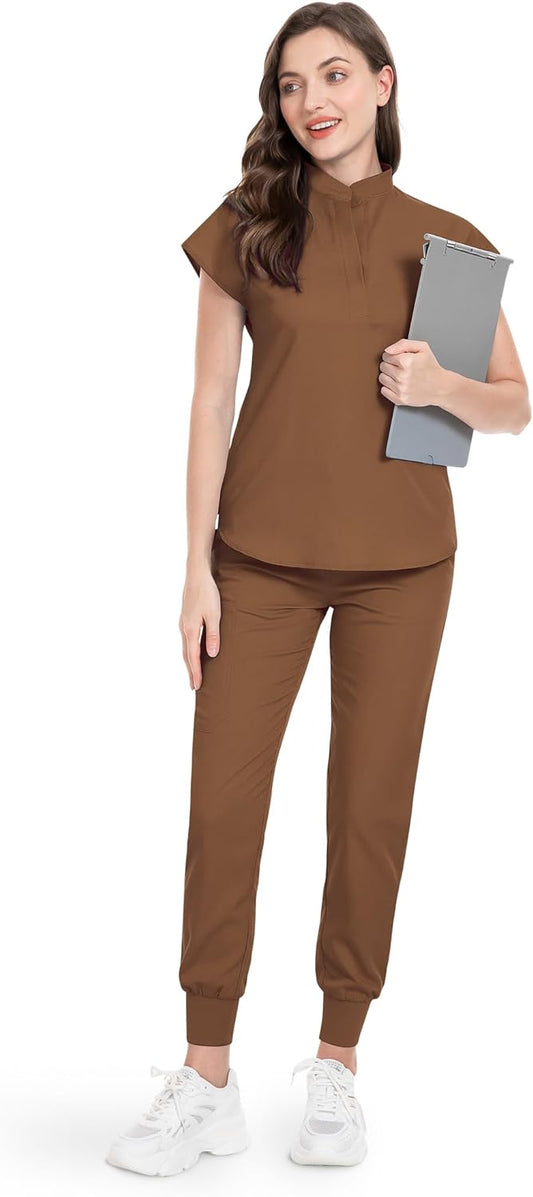 Scrubs Set for Women Nurse Uniform Jogger Suit Stretch Top & Pants with Multi Pocket for Nurse Esthetician Workwear