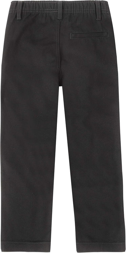 Boys School Uniform Twill Khaki Pants, Flat Front & Elasticized Waistband, Zipper Closure With Faux Button