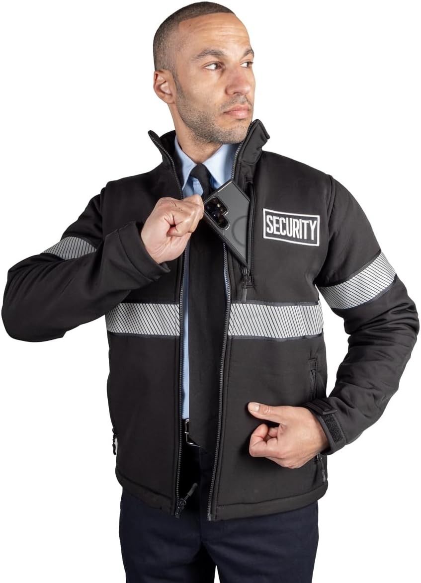Hi-Vis Reflective Security Guard Jacket - Waterproof Winter Duty Coat with Zipper Pockets