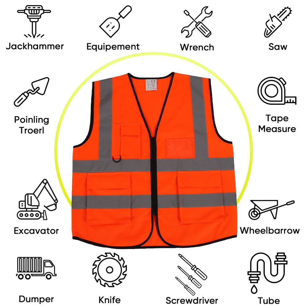 Orange Safety Vest with Grey Reflective Strap 4 Pockets