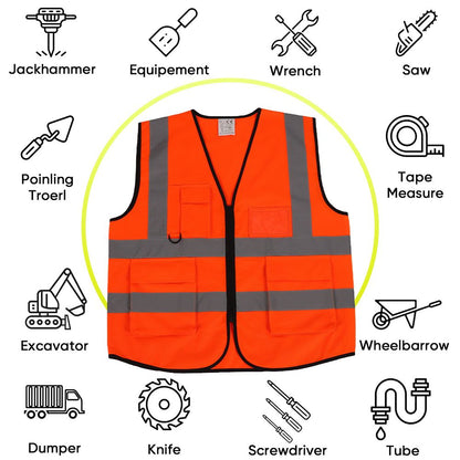 Orange Safety Vest with Grey Reflective Strap 4 Pockets