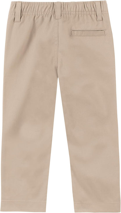Boys School Uniform Twill Khaki Pants, Flat Front & Elasticized Waistband, Zipper Closure With Faux Button