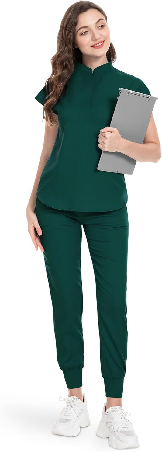Scrubs Set for Women Nurse Uniform Jogger Suit Stretch Top & Pants with Multi Pocket for Nurse Esthetician Workwear
