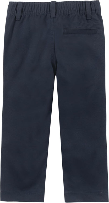 Boys School Uniform Twill Khaki Pants, Flat Front & Elasticized Waistband, Zipper Closure With Faux Button