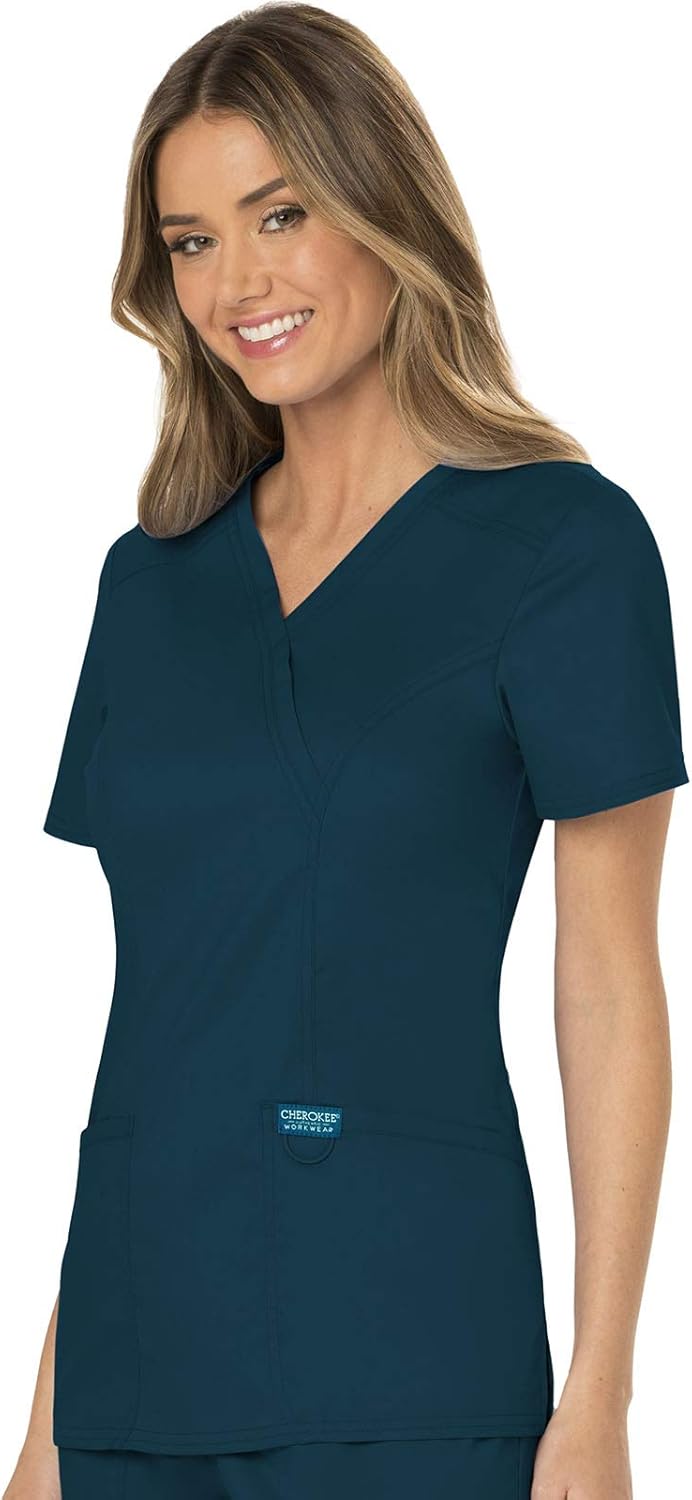 Scrubs for Women Mock Wrap Top with 3 Pocket, Back Princess Seams WW610