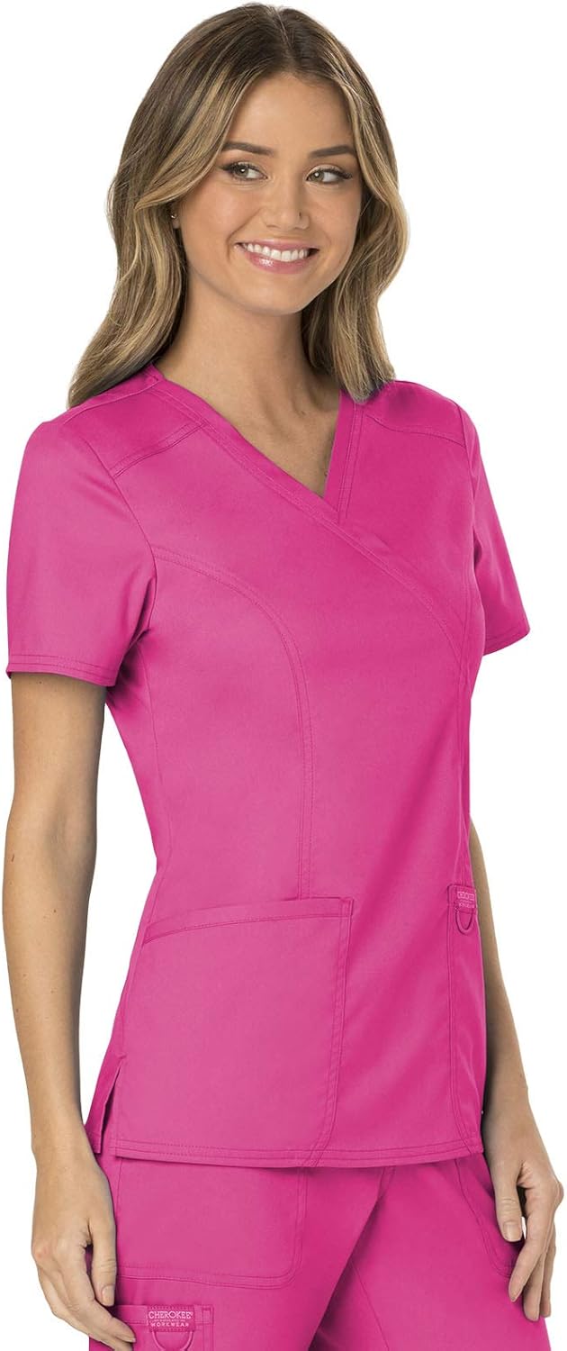 Scrubs for Women Mock Wrap Top with 3 Pocket, Back Princess Seams WW610