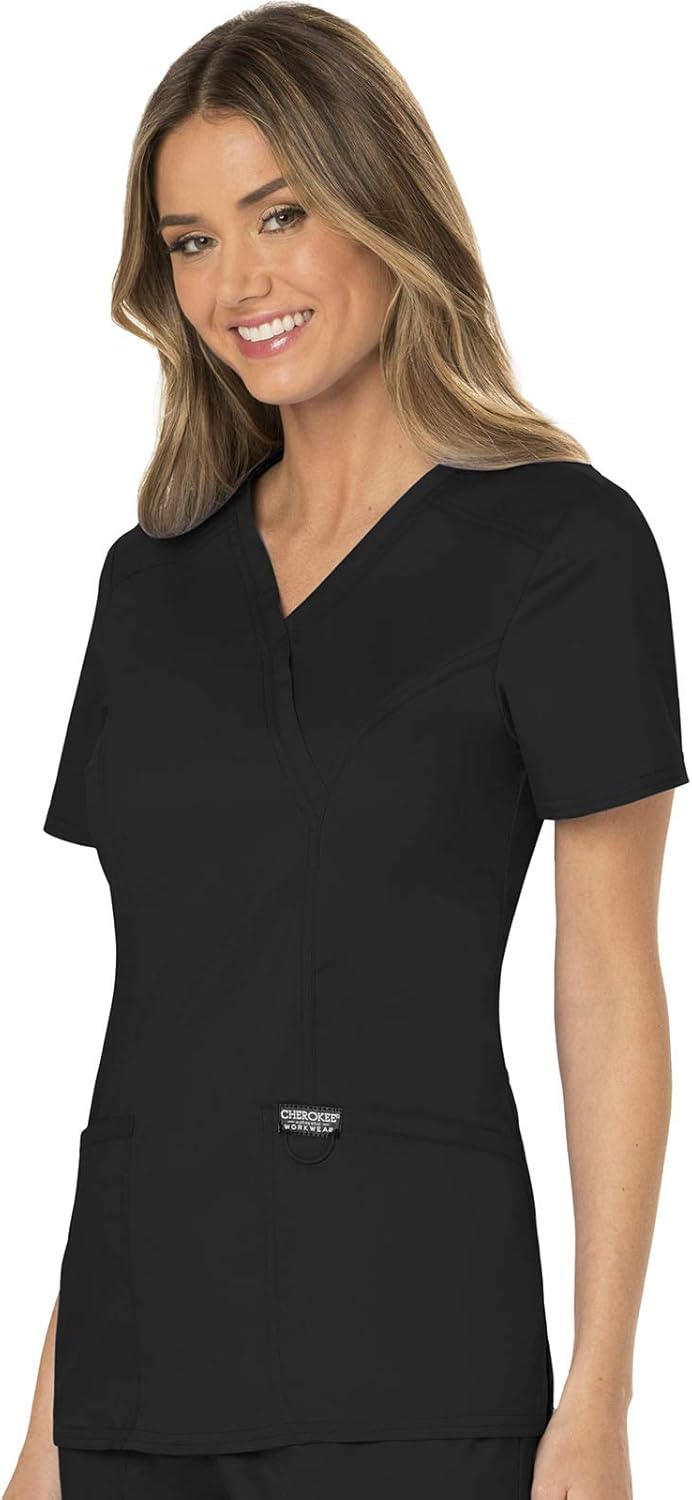 Scrubs for Women Mock Wrap Top with 3 Pocket, Back Princess Seams WW610