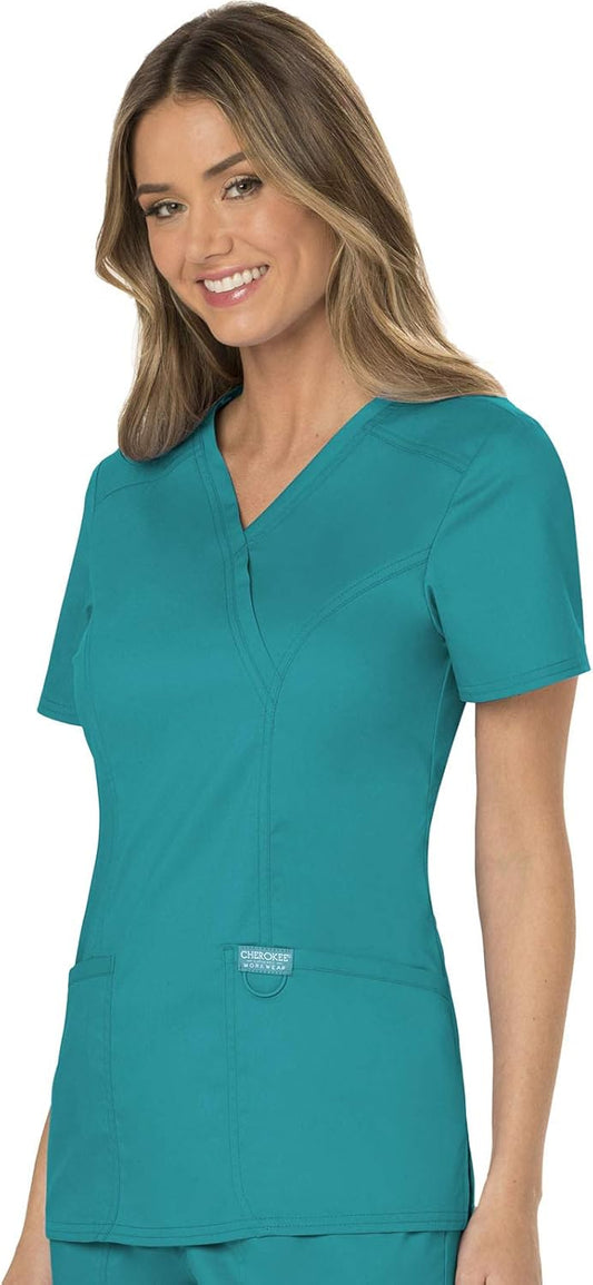 Scrubs for Women Mock Wrap Top with 3 Pocket, Back Princess Seams WW610