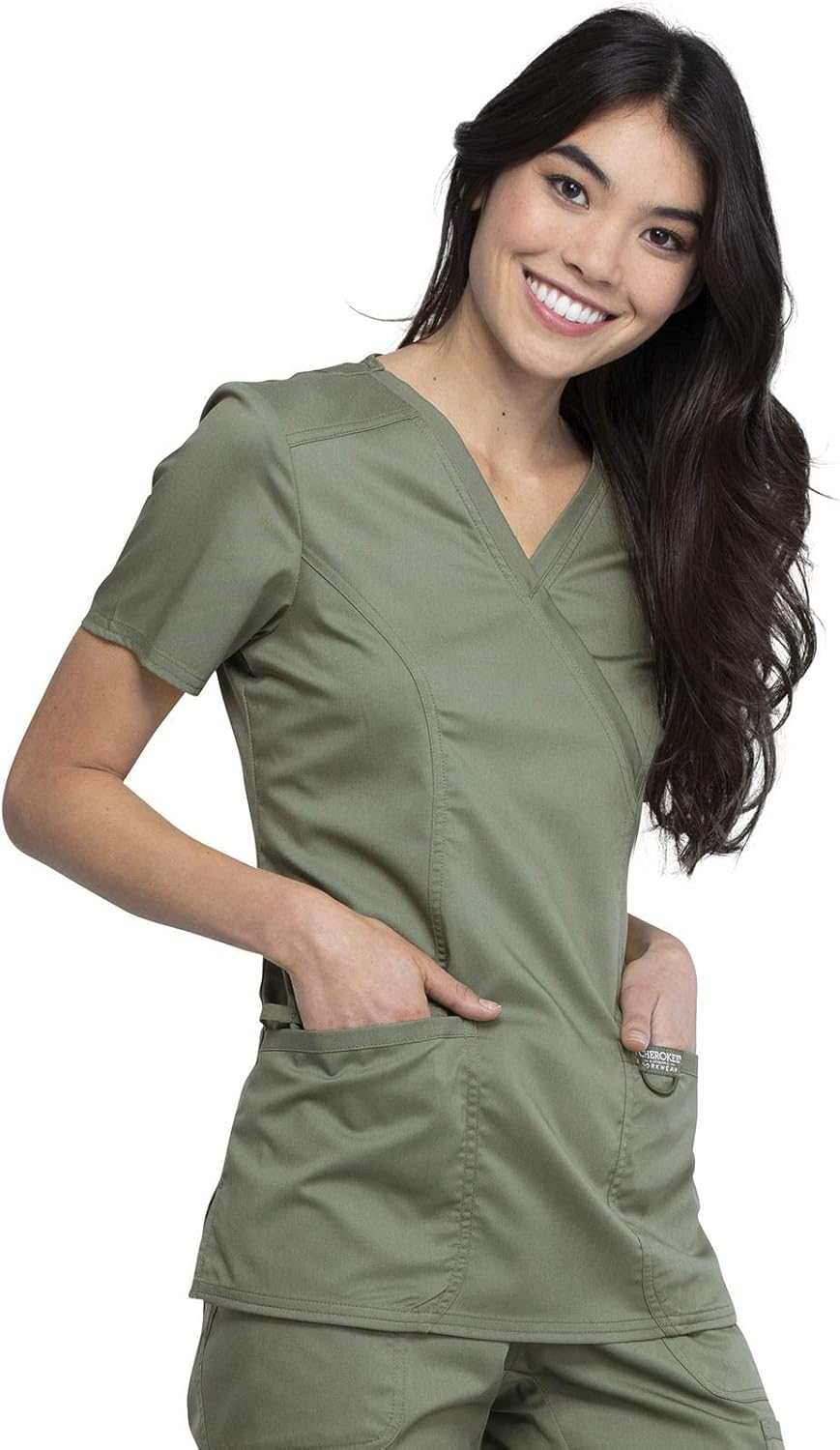 Scrubs for Women Mock Wrap Top with 3 Pocket, Back Princess Seams WW610