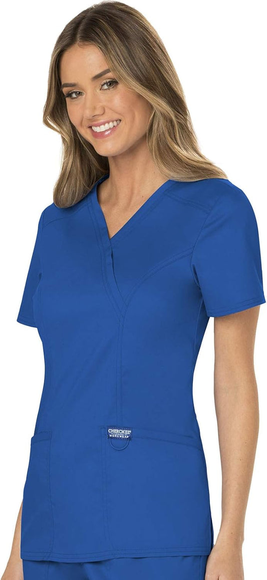 Scrubs for Women Mock Wrap Top with 3 Pocket, Back Princess Seams WW610