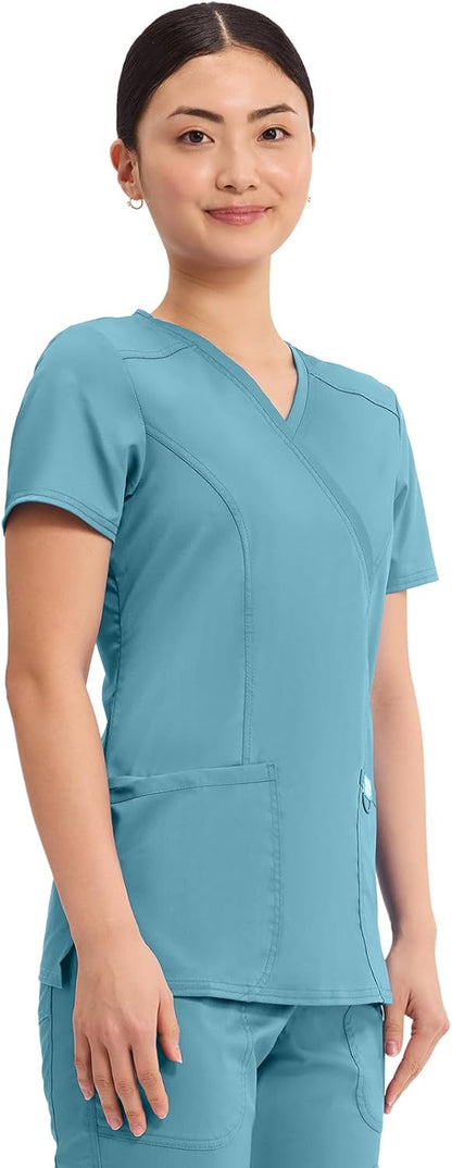 Scrubs for Women Mock Wrap Top with 3 Pocket, Back Princess Seams WW610