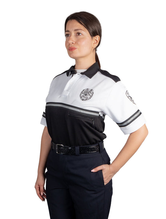 Security Badge and Patch Two Tone Bike Patrol Polo Shirt with Zipper Pocket and Reflective Hash Stripes