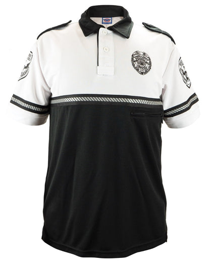Security Badge and Patch Two Tone Bike Patrol Polo Shirt with Zipper Pocket and Reflective Hash Stripes